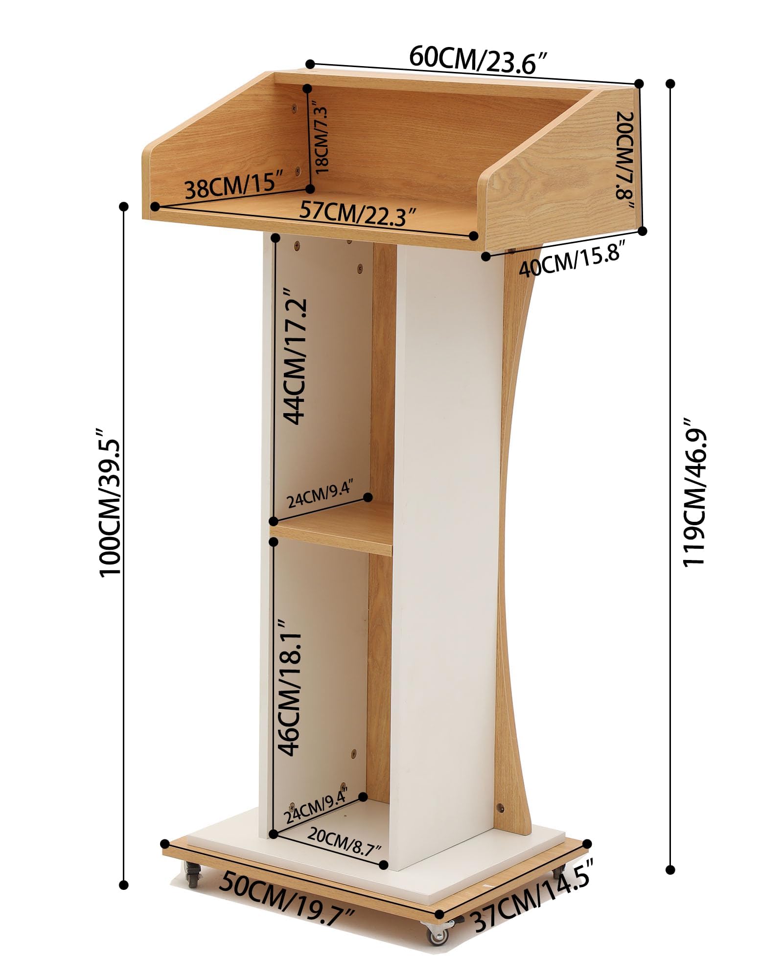 Mobile Wooden Podium Stand with Lockable Wheels Modern Presentation Blockboard Lectern Oak Color with Storage Shelves for Office, Church, Classroom, Conference Room