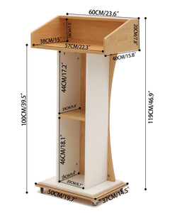 Mobile Wooden Podium Stand with Lockable Wheels Modern Presentation Blockboard Lectern Oak Color with Storage Shelves for Office, Church, Classroom, Conference Room