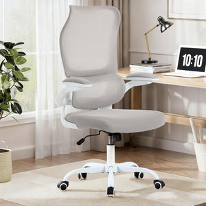Ergonomic Office Chair with Adjustable Lumbar Support, Mesh Back, Flip-Up Arms, Rocking Mode with Tension Control, 300 lbs Weight Capacity, Black and White (White)