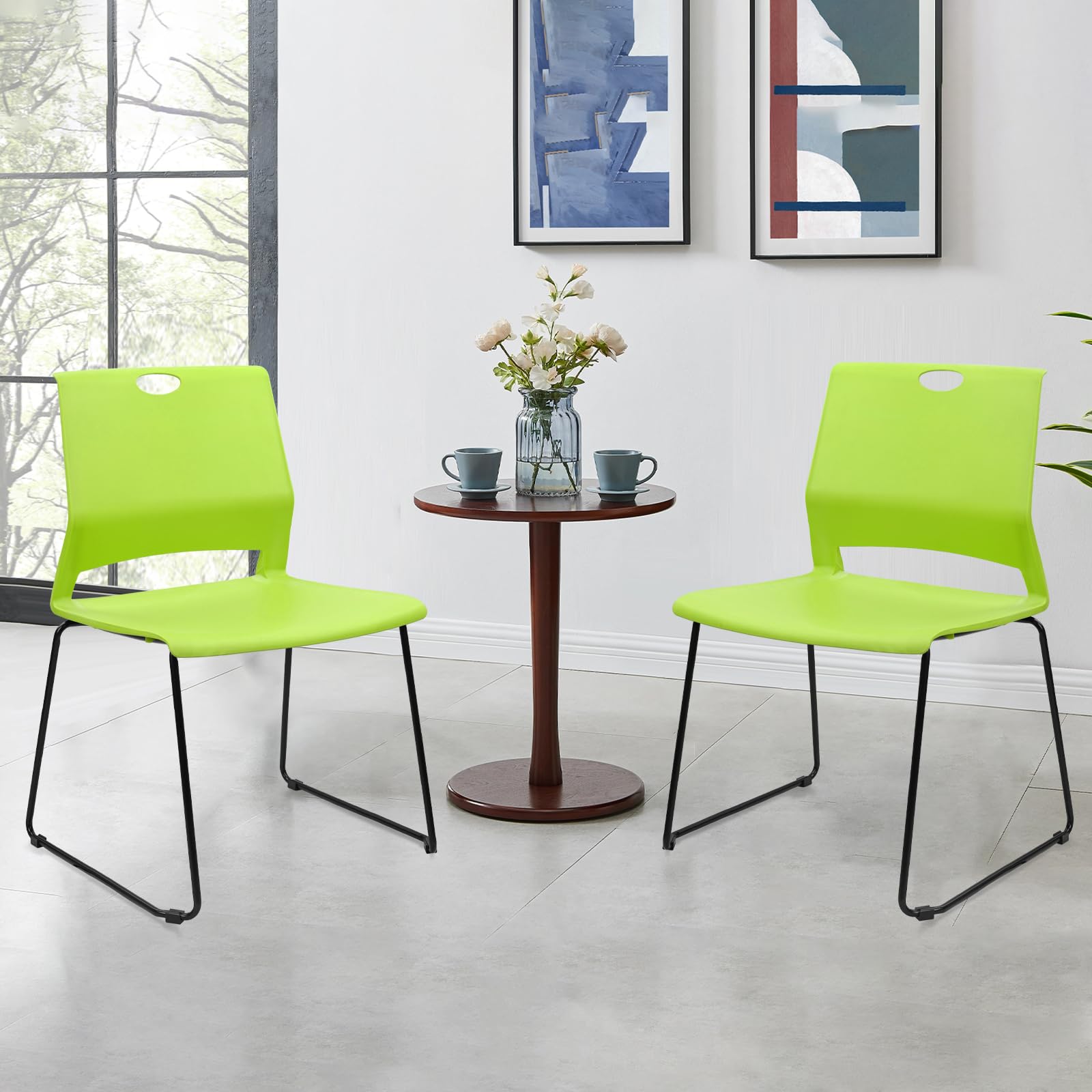 Set of 4, Green, Stackable Guest Reception Chairs, Stacking Office Chair with Ergonomic Lumbar Support & Metal Legs, Plastic Desk Chairs for Conference School Church Waiting Meeting Break Room