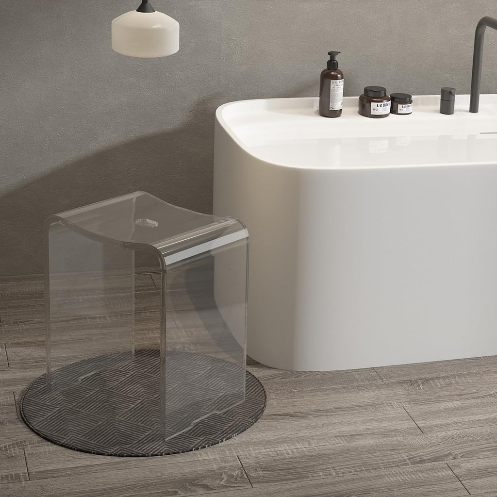 Acrylic Anti-Skip Shower Bench, Clear Shower Stool for Inside Shower, Modern Shower Chair with Curved Seat & Water Leaking Hole 300LBS Weight Capacity