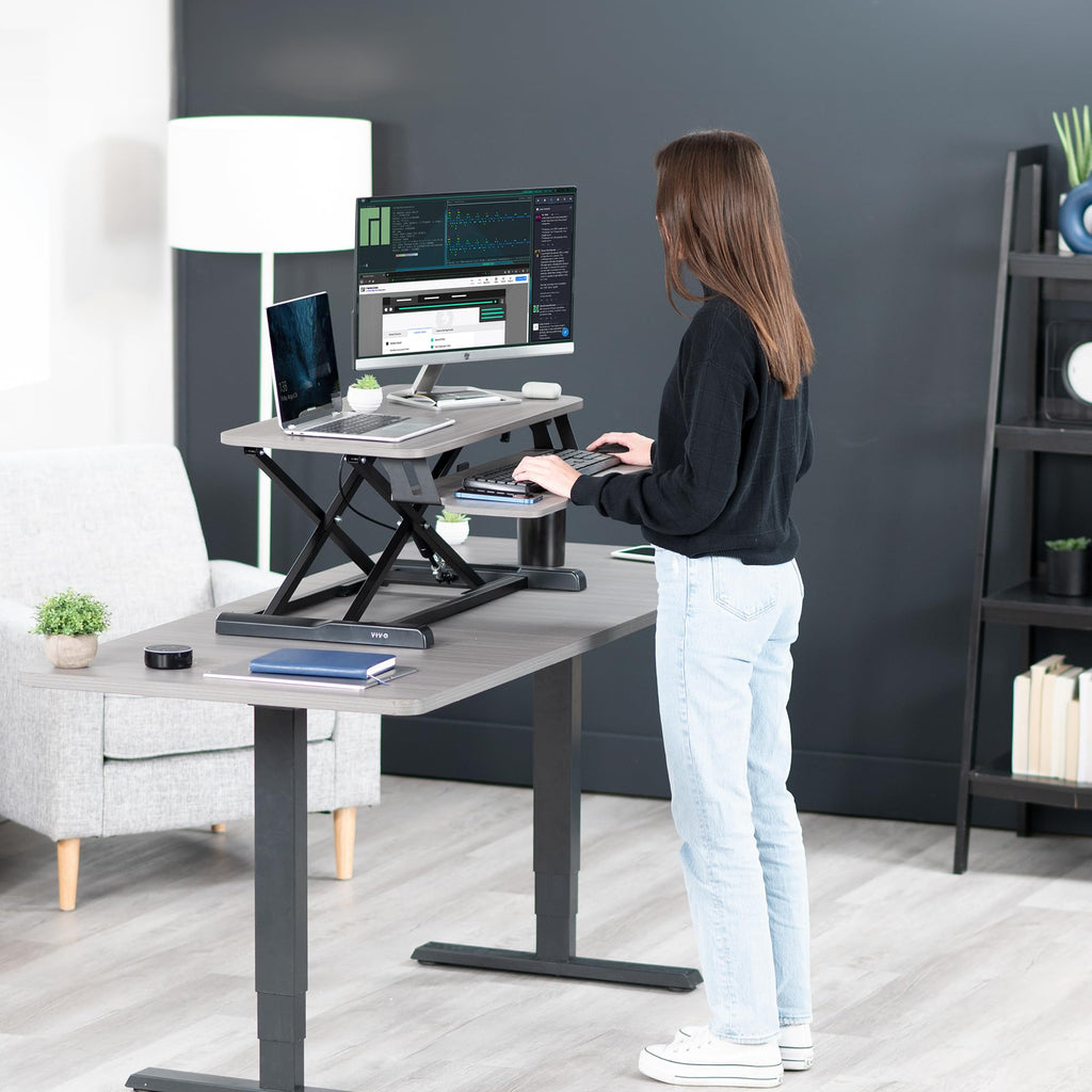 32 inch Desk Converter, K Series, Height Adjustable Sit to Stand Riser, Dual Monitor and Laptop Workstation with Wide Keyboard Tray, Gray Top, Black Frame, DESK-V000KG