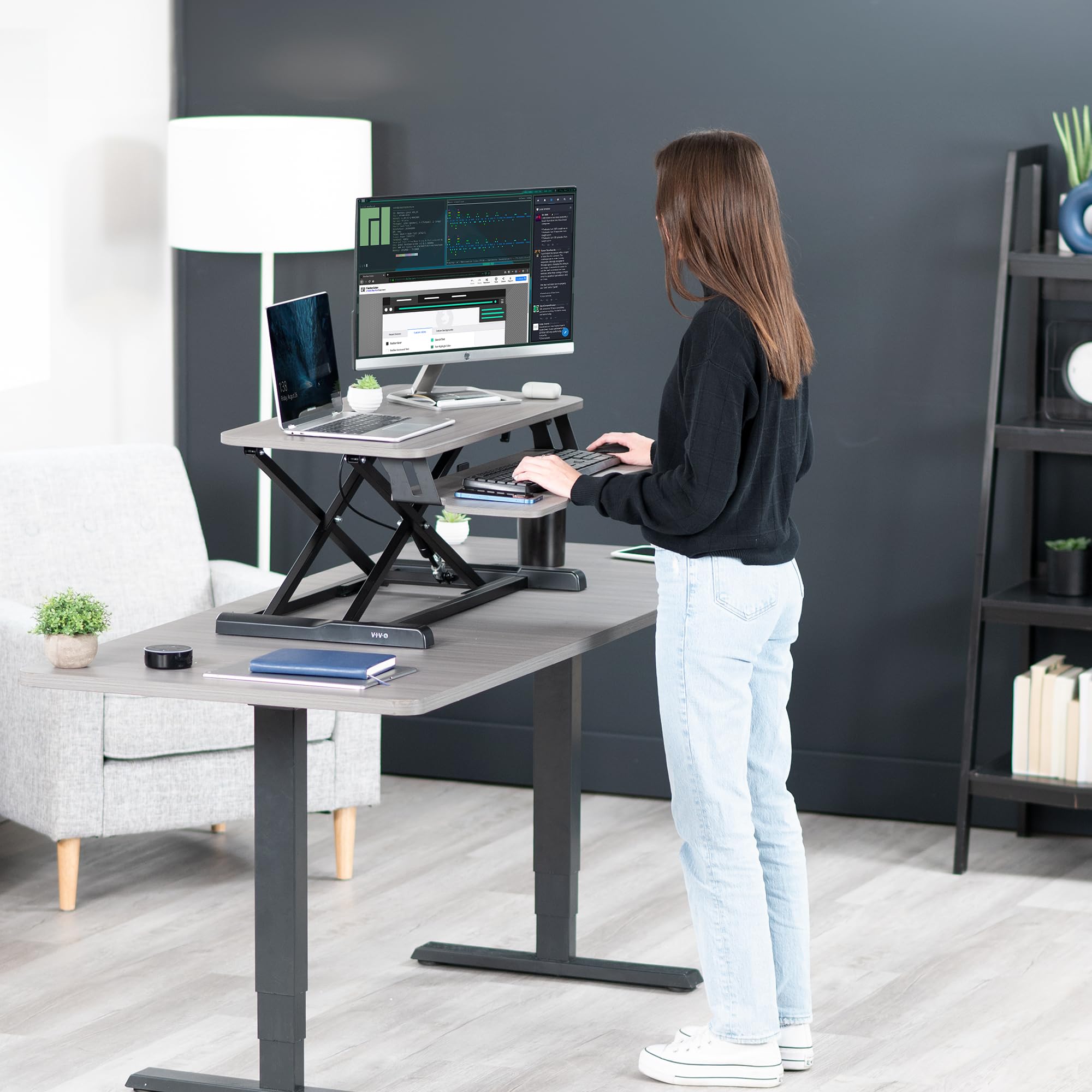 32 inch Desk Converter, K Series, Height Adjustable Sit to Stand Riser, Dual Monitor and Laptop Workstation with Wide Keyboard Tray, Gray Top, Black Frame, DESK-V000KG