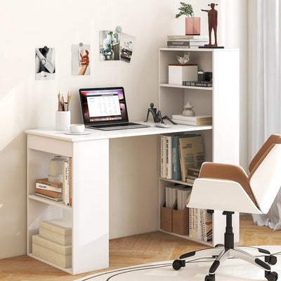 White Computer Desk with Bookshelf, Writing Study Desk with Storage Shelves & CPU Stand, Modern Compact Computer Workstation for Home & Office, Space-Saving Design