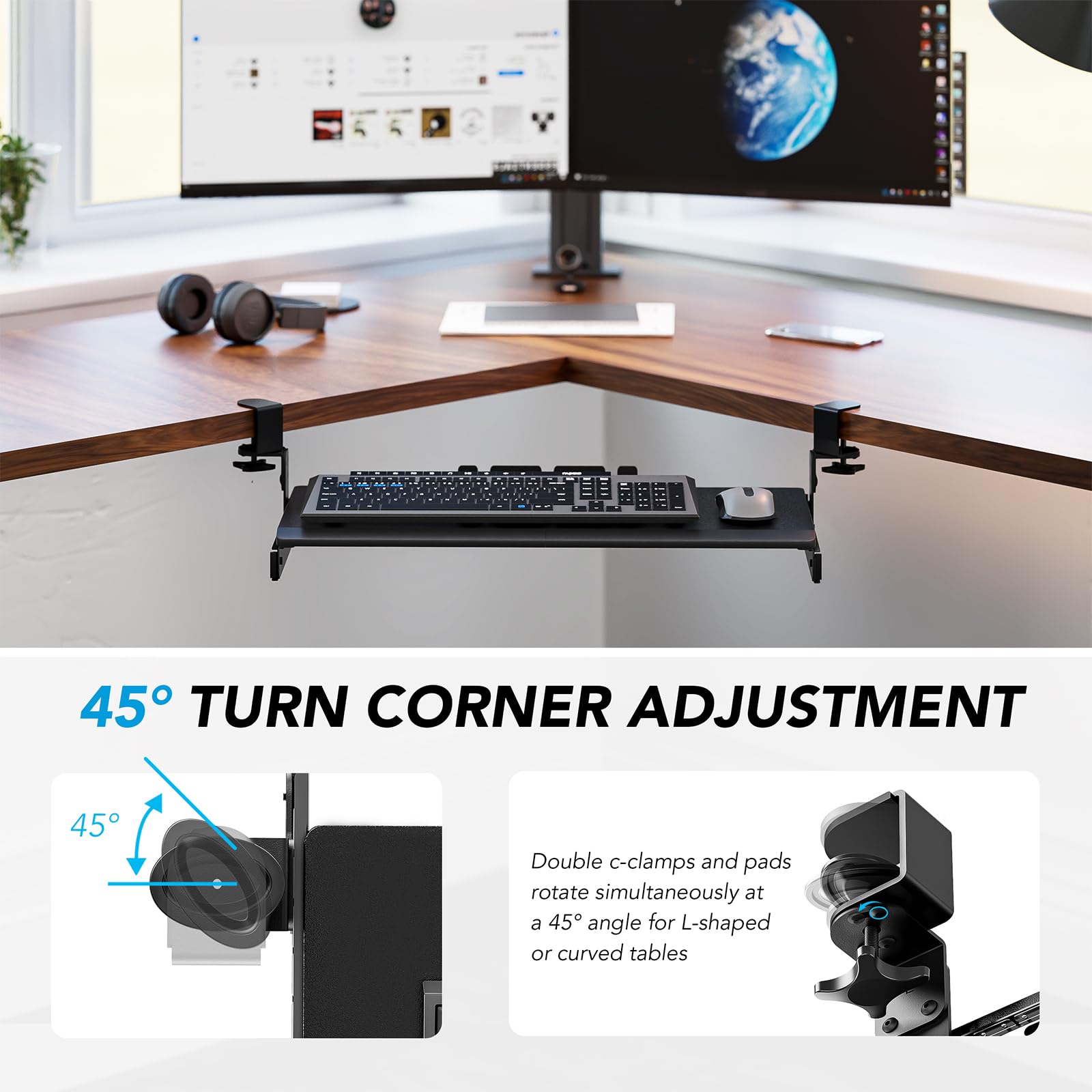 Keyboard Tray Under Desk Pull Out with Extra Sturdy Adjustable C Clamp Mount System, 27.3 (32.5 inch Including Clamps) x 11 Inch Slide-Out Platform Computer Drawer for Typing, Black,AX01WB01