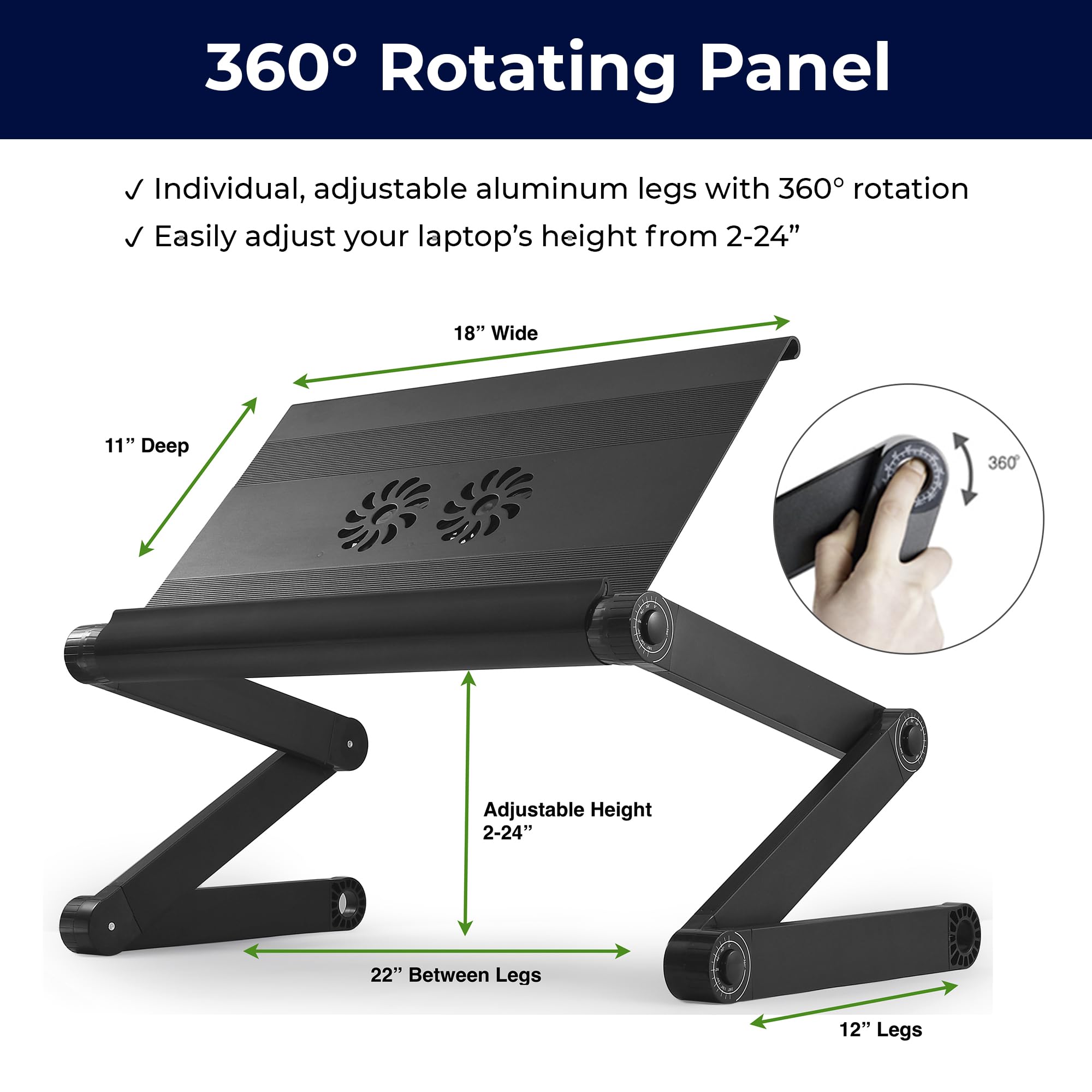 Executive Laptop Cooling Stand, Adjustable Desk for Bed, Foldable with 2 Fans & 3 USB Ports, Computer Lap Desk, PC Holder for Bed, Ergonomic Table Stand, Home Office Supplies, Black