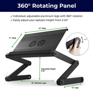 Executive Laptop Cooling Stand, Adjustable Desk for Bed, Foldable with 2 Fans & 3 USB Ports, Computer Lap Desk, PC Holder for Bed, Ergonomic Table Stand, Home Office Supplies, Black