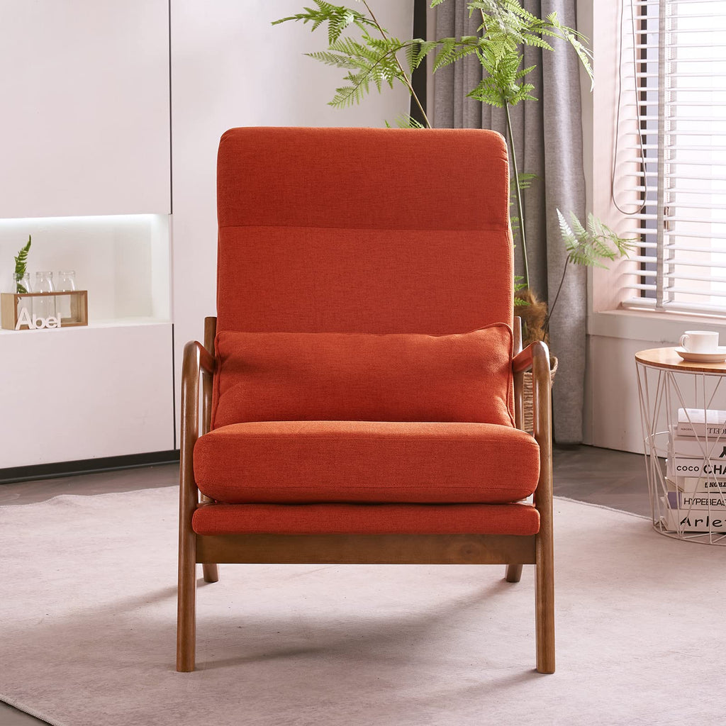 High Back Linen Burnt Orange Mid Century Modern Accent Chair, Soild Wood Padding Lounge Armchairs Side Sitting Chairs for Living Room, Bedroom, Guest Room