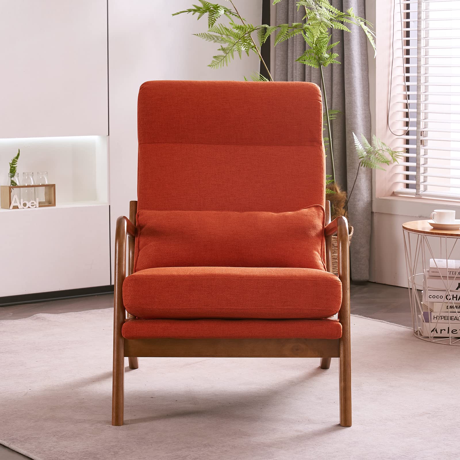 High Back Linen Burnt Orange Mid Century Modern Accent Chair, Soild Wood Padding Lounge Armchairs Side Sitting Chairs for Living Room, Bedroom, Guest Room
