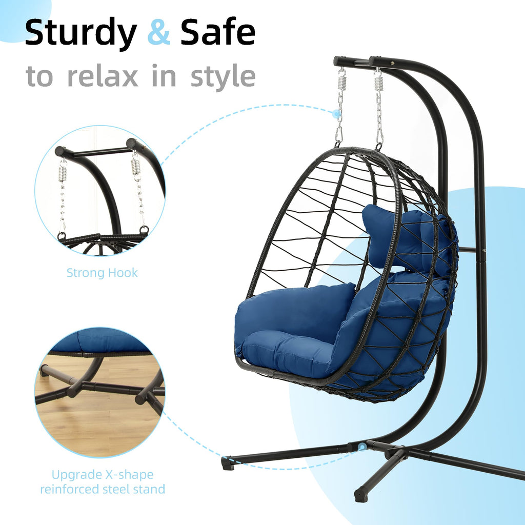 Double Egg Chair with Stand Hammock Swing Chair Foldable Hanging Loveseat, UV Resistant Removable Cushions, 700LBS Capacity for Bedroom, Balcony, Garden(BK-BL)