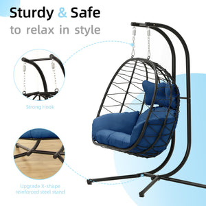 Double Egg Chair with Stand Hammock Swing Chair Foldable Hanging Loveseat, UV Resistant Removable Cushions, 700LBS Capacity for Bedroom, Balcony, Garden(BK-BL)