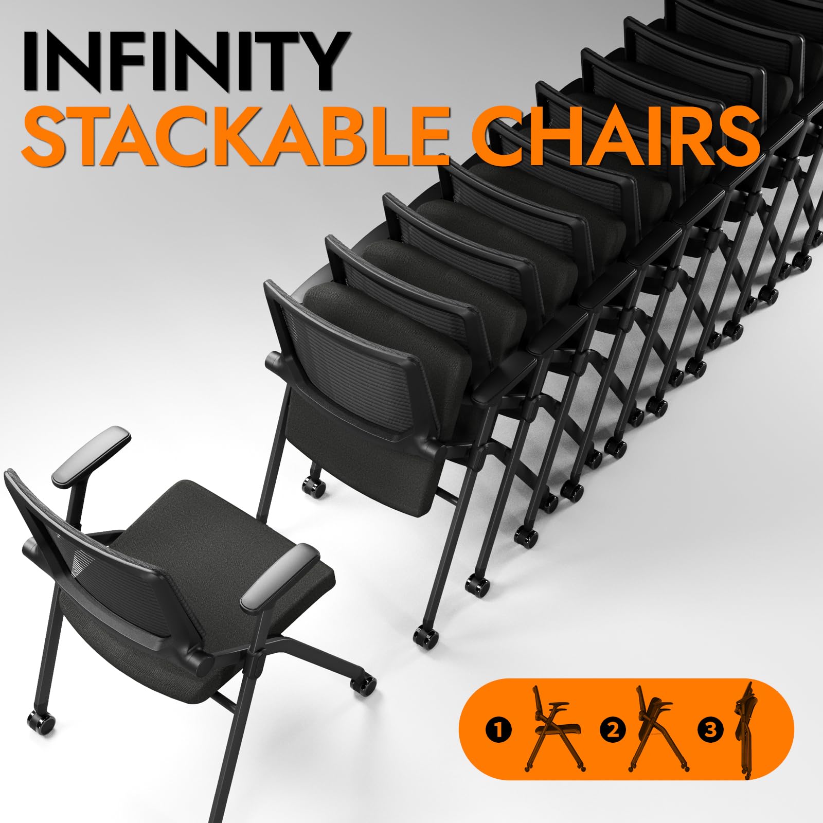 Foldable Office Chair Set of 2 with PU Wheels Ergonomic Mesh Bouncing Back, Stackable Conference Room Chair, Office Guest & Reception & Meeting Chair (Black)