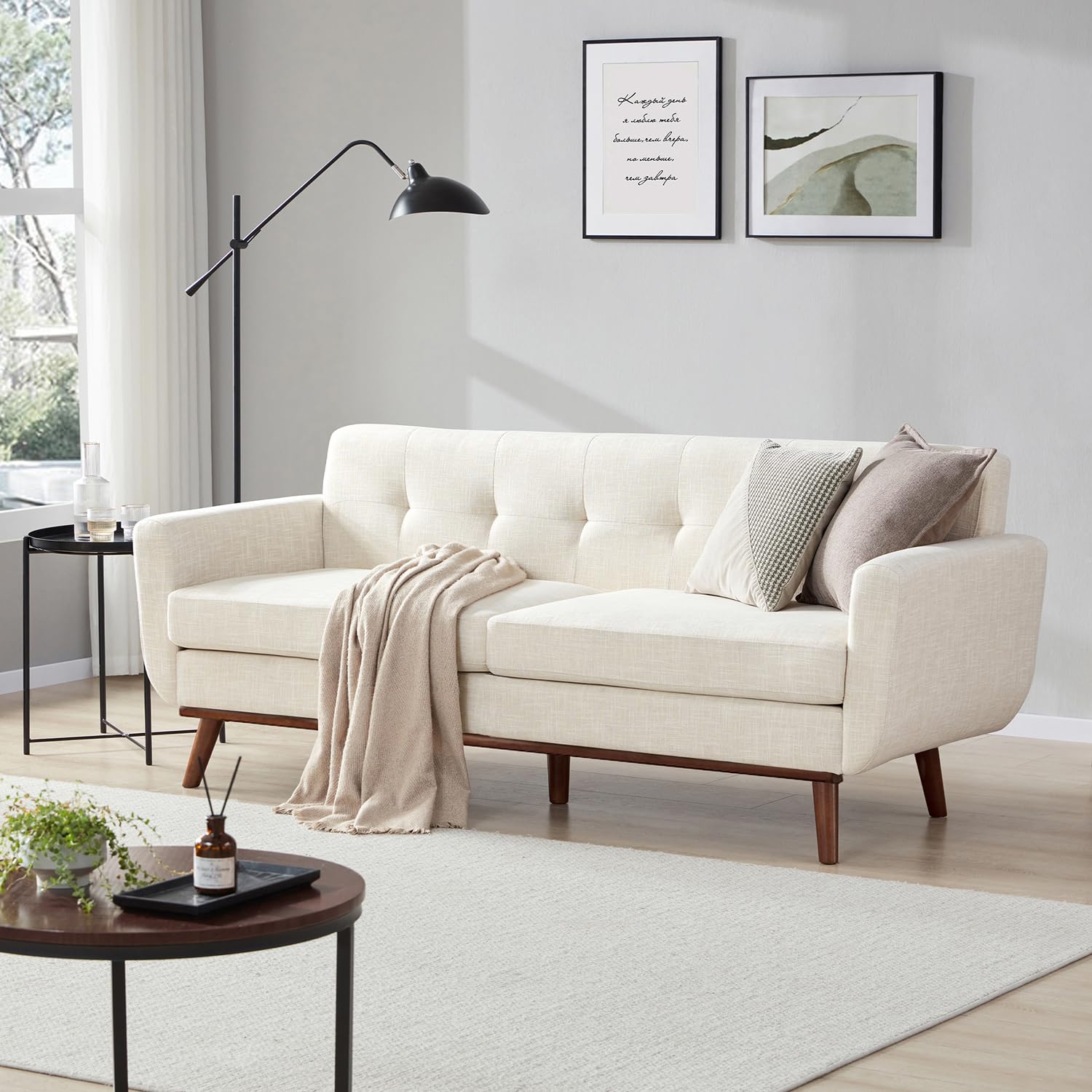 77.2" W Loveseat Sofa, Mid Century Modern Decor Love Seat Couches for Living Room, Button Tufted Upholstered Furniture, Solid & Easy to Install Small Couch for Bedroom Office Apartment, Beige