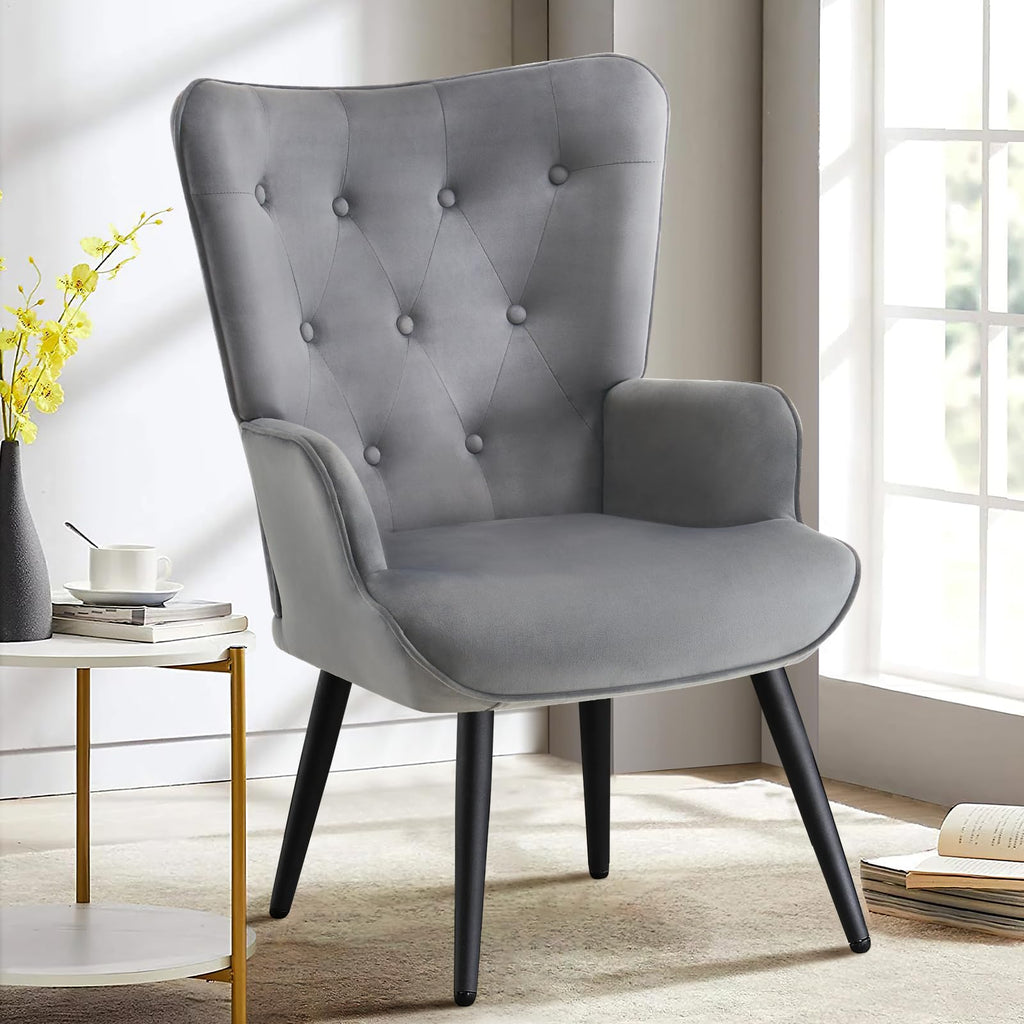 Modern Accent Chair, Velvet Tufted Button Wingback Chair Upholstered Side Armchair Comfy Lounge Chair with Tapered Legs Sofa Leisure Chair for Home Office/Living Room/Bedroom, Grey