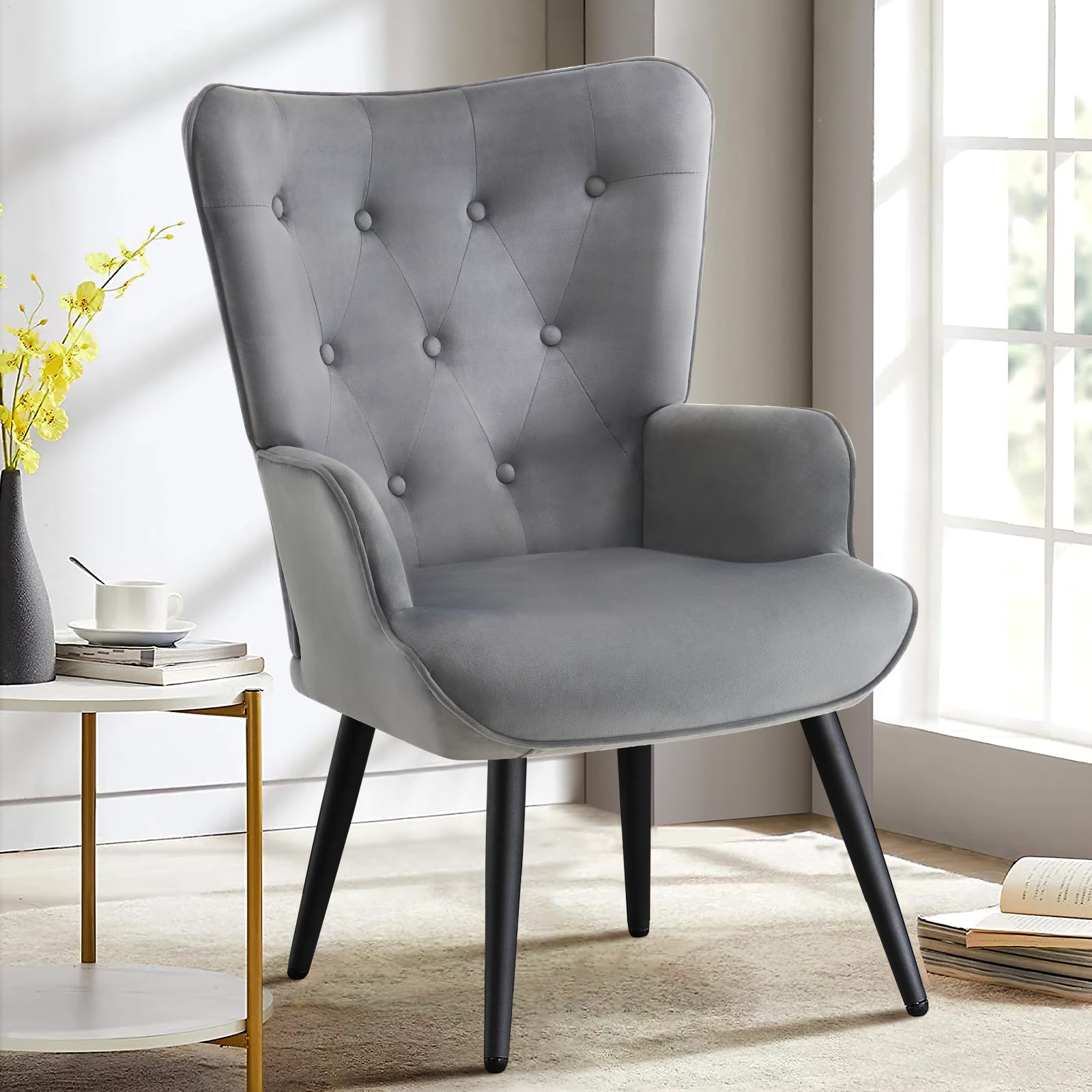 Modern Accent Chair, Velvet Tufted Button Wingback Chair Upholstered Side Armchair Comfy Lounge Chair with Tapered Legs Sofa Leisure Chair for Home Office/Living Room/Bedroom, Grey