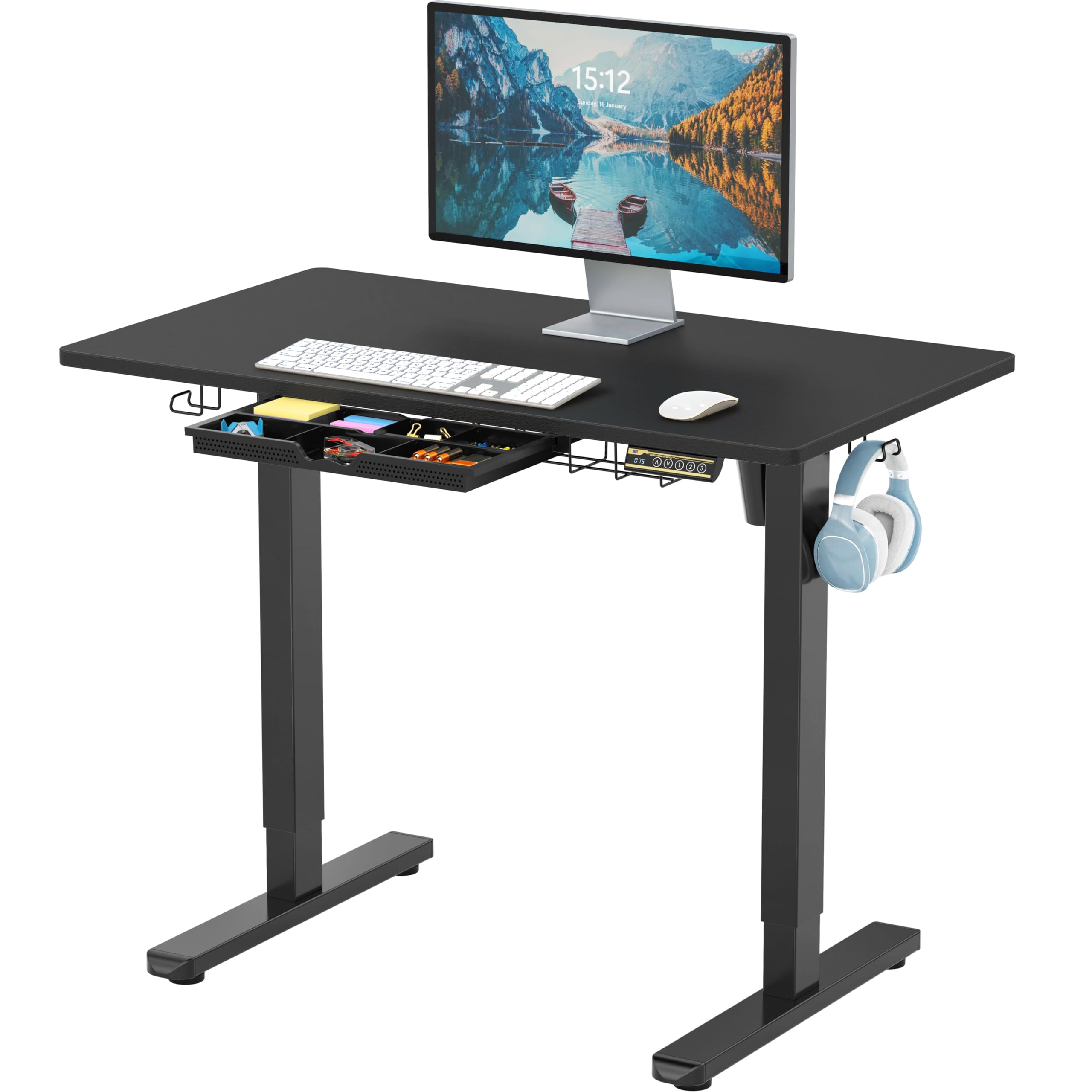 40-Inch Electric Height Adjustable Standing Desk with Drawer, Memory Preset and Cable Management Tray, Black