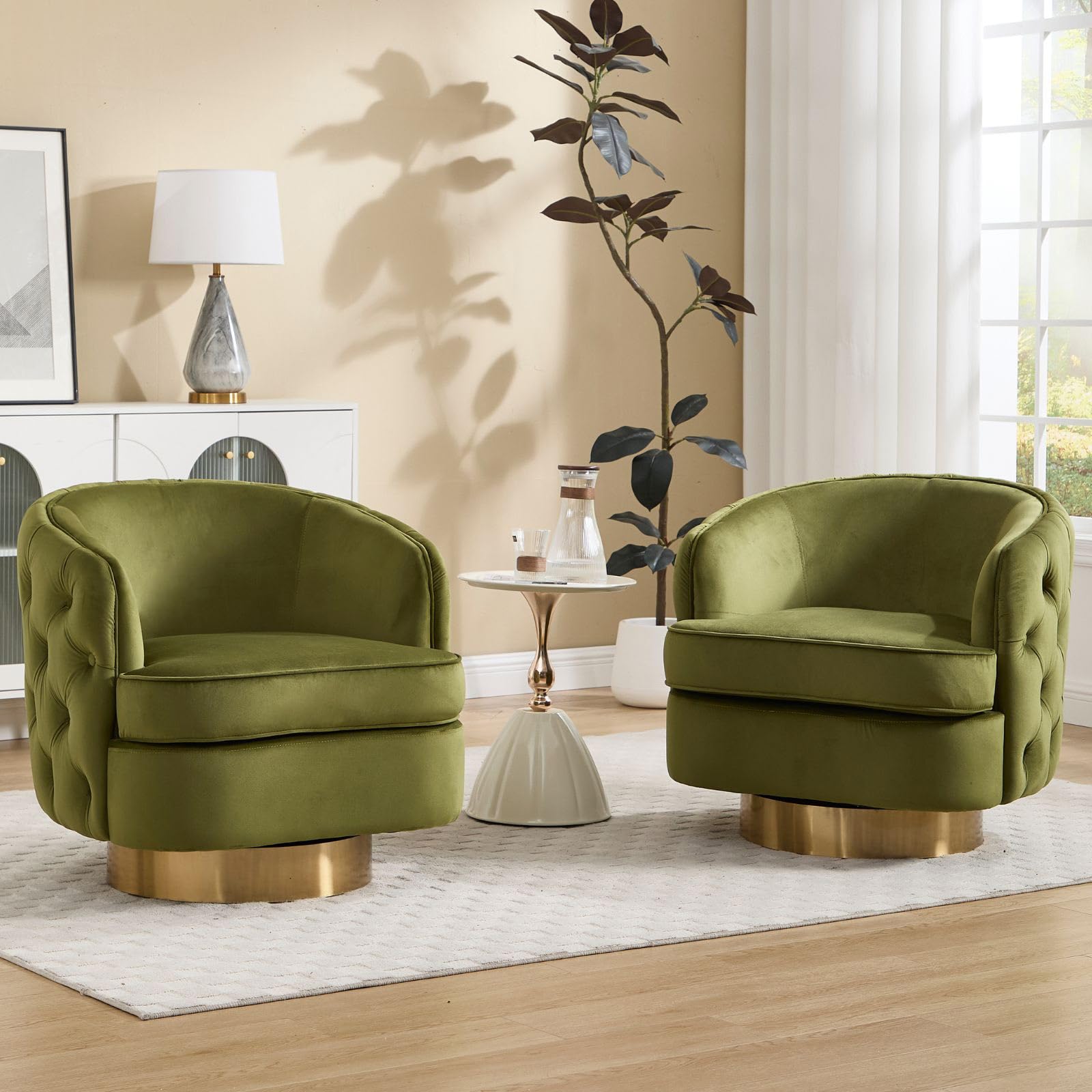 360 Degree Swivel Barrel Accent Chair Set of 2, Modern Tufted Velvet Upholstered Round Arm Chair with Tall Backrest, Side Reading Seat for Living Room, Green