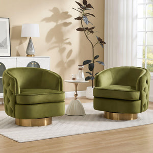 360 Degree Swivel Barrel Accent Chair Set of 2, Modern Tufted Velvet Upholstered Round Arm Chair with Tall Backrest, Side Reading Seat for Living Room, Green