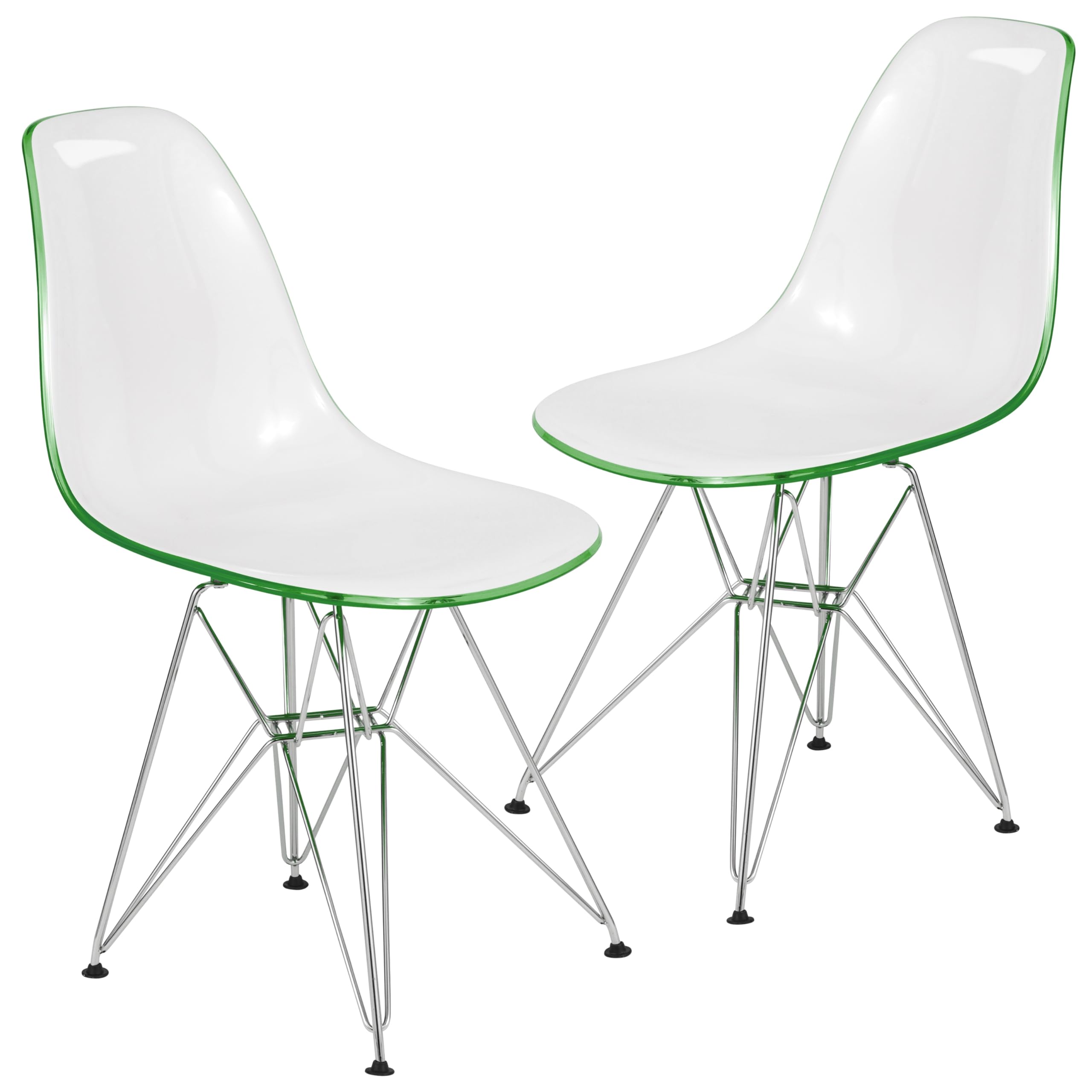 Dining, Modern Chrome Eiffel Base and Curved Back Design, Ergonomic and Lightweight Accent Side Chair for Mid-Century Home, Kitchen, and Café (White Green, Set of 2)
