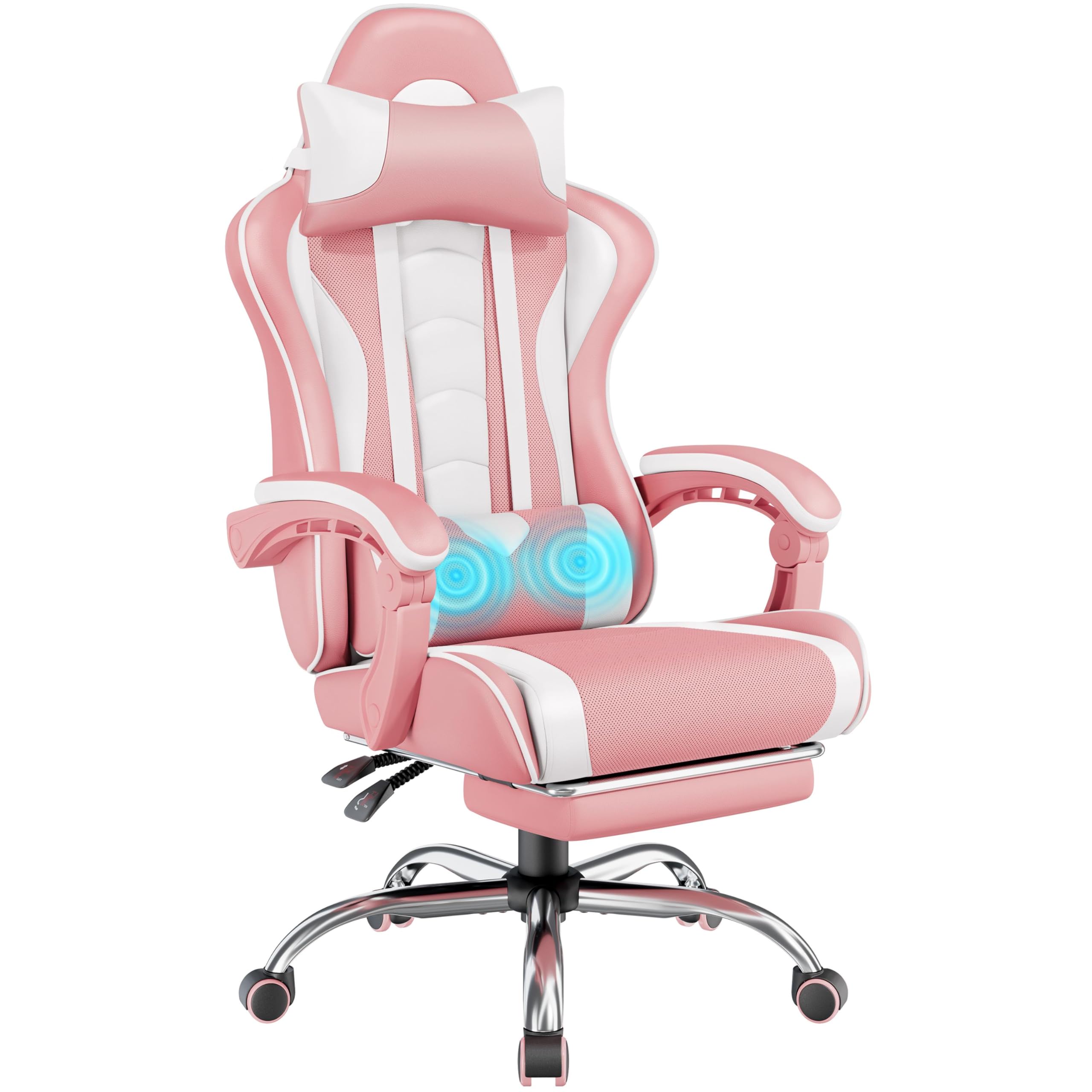 Gaming Chair, Video Game Chair with Massage Lumbar Support and Footrest Height Adjustable Ergonomic Computer Chair with Swivel Seat and Headrest, Pink/White