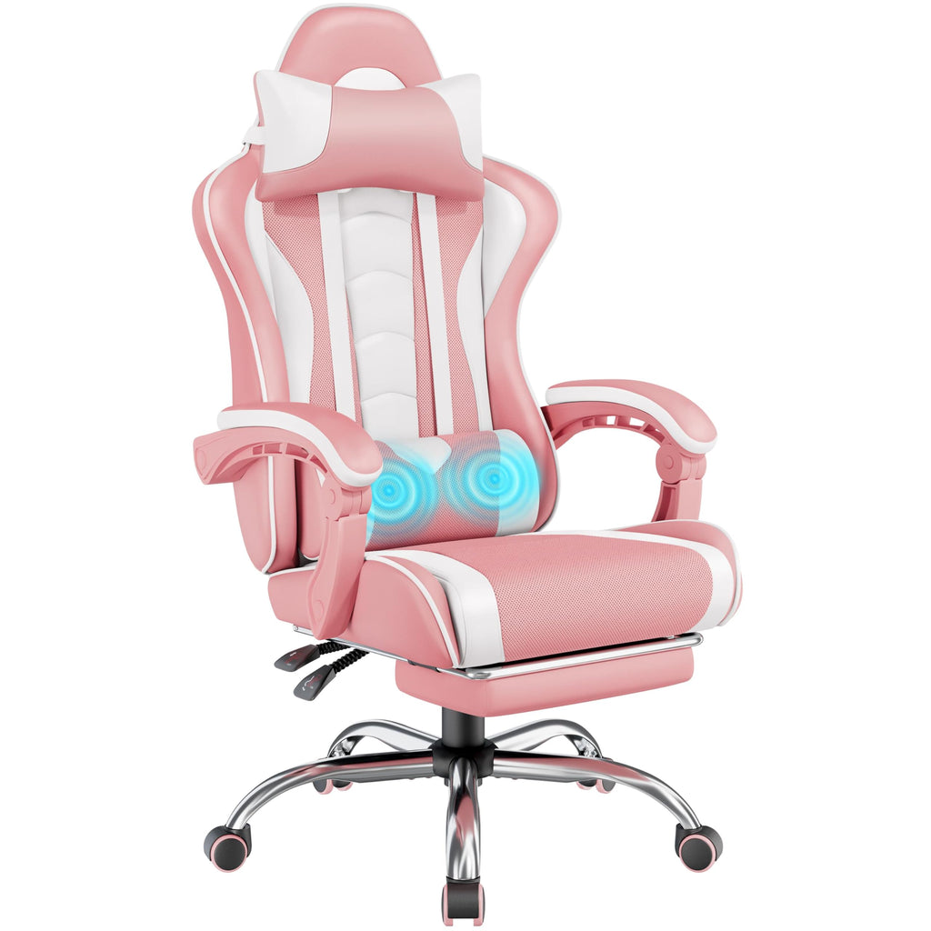 Gaming Chair, Video Game Chair with Massage Lumbar Support and Footrest Height Adjustable Ergonomic Computer Chair with Swivel Seat and Headrest, Pink/White
