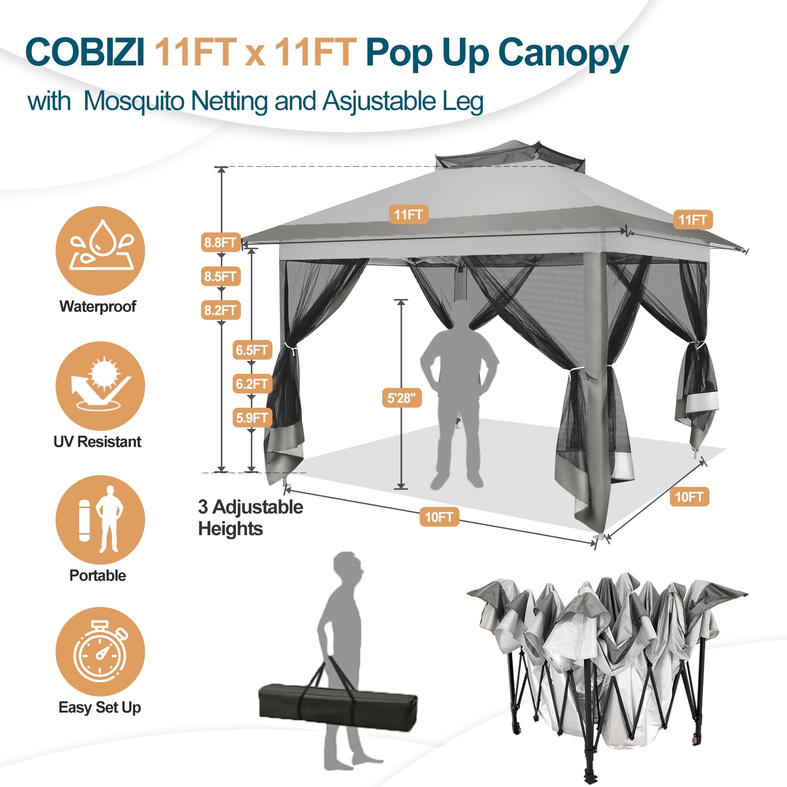 11x11 Pop Up Gazebo Canopy Tent Easy Up Outdoor Gazebo Waterproof Upgrade Portable Gazebo with Mosquito Nettings, Double Vented Roof and Carry Bag for Patio Garden Lawn(Gray)