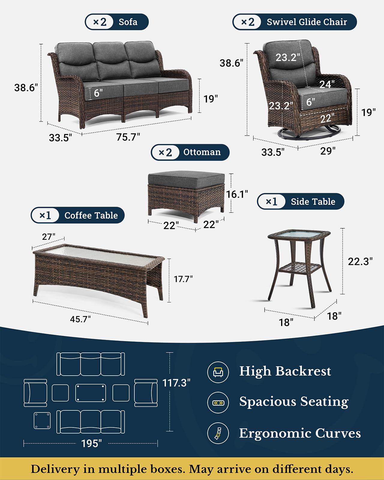 Luxury Patio Furniture Set with 6-inch Thick Cushion, Outdoor Couch and High Back Swivel Rocker Patio Chairs, 8PCS Wicker Conversation Set for Deck Yard and Poolside, Dark Grey (V2)