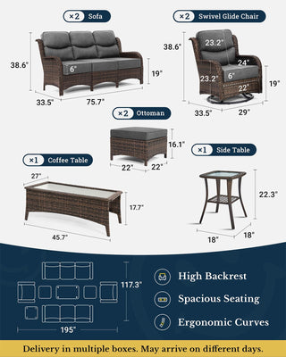 Luxury Patio Furniture Set with 6-inch Thick Cushion, Outdoor Couch and High Back Swivel Rocker Patio Chairs, 8PCS Wicker Conversation Set for Deck Yard and Poolside, Dark Grey (V2)