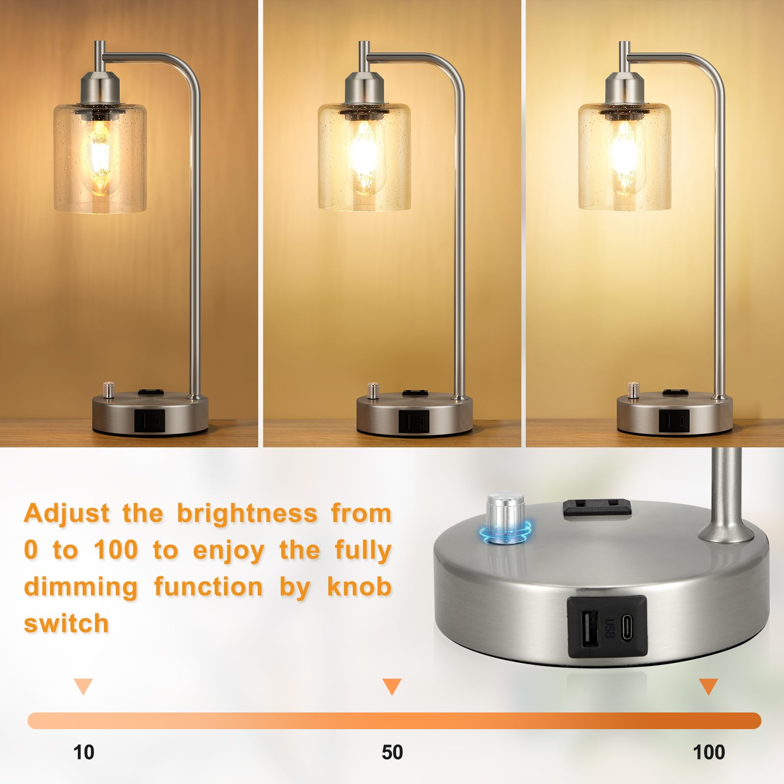 Industrial Table Lamps for Bedrooms Set of 2 - Fully Dimmable Bedside Lamps with USB A and C Ports and Outlet, Nickel Nightstand Lamps with Glass Shade for Living Room, Desk Lamps for Office Reading