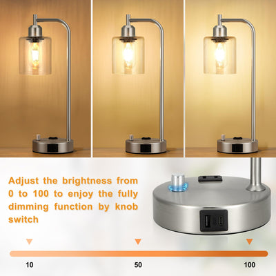 Industrial Table Lamps for Bedrooms Set of 2 - Fully Dimmable Bedside Lamps with USB A and C Ports and Outlet, Nickel Nightstand Lamps with Glass Shade for Living Room, Desk Lamps for Office Reading