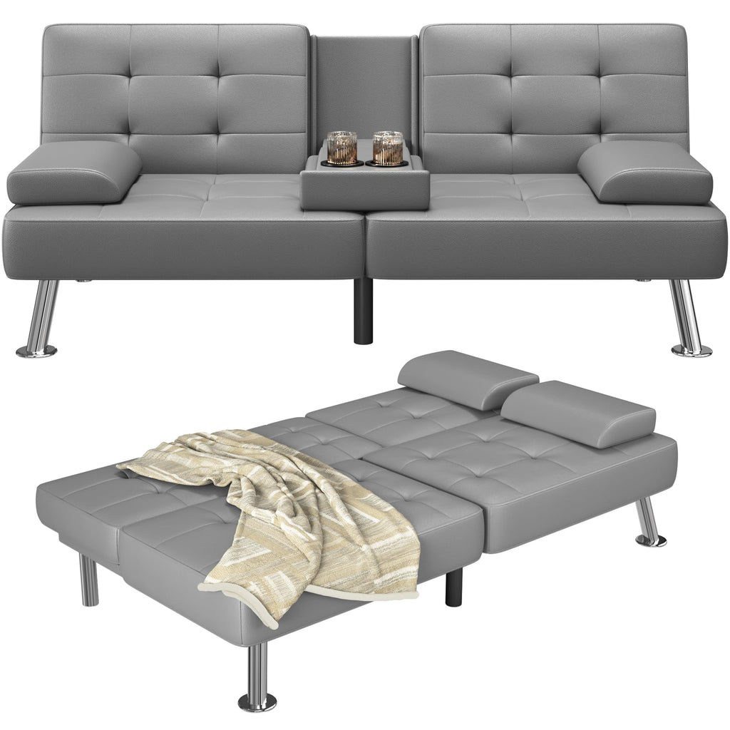 Sofa Bed Adjustable Futon Couch Sleeper Sofa Bed for Living Room, Business Office, Recliner Sofas with Cup Holders (PU Leather, Gray)