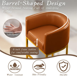 Modern Counter Height Bar Stools,Bar Stools Set of 2,PU Leather Upholstered Barrel Barstools with Backs,26'' Kitchen Island Chairs,Metal Gold Frames,Camel Brown Leather