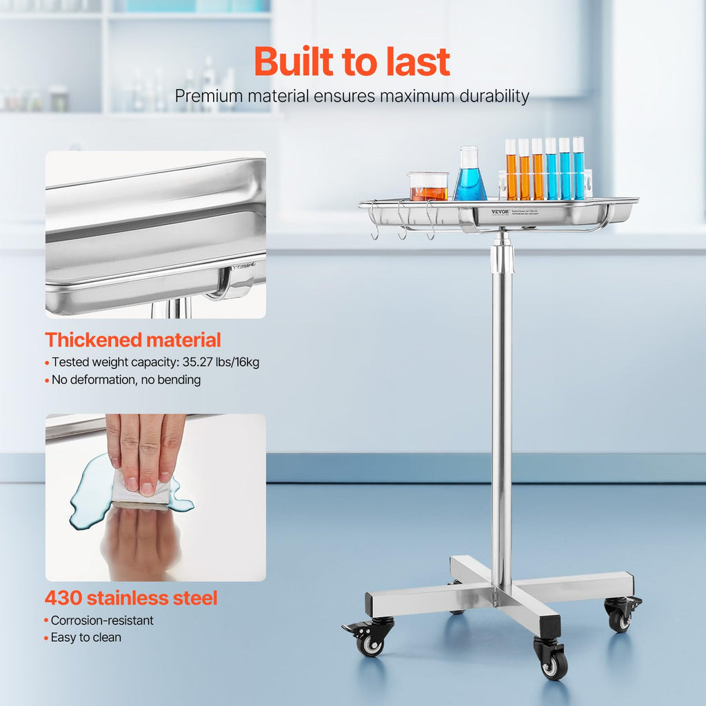 Mayo Stand, Stainless Steel Mayo Tray, Load Capacity up to 36 lbs, Adjustable Height 31.9"-55", Medical Tray on Wheels with Removable Tray for Spa, Salon, Clinic, Personal Care