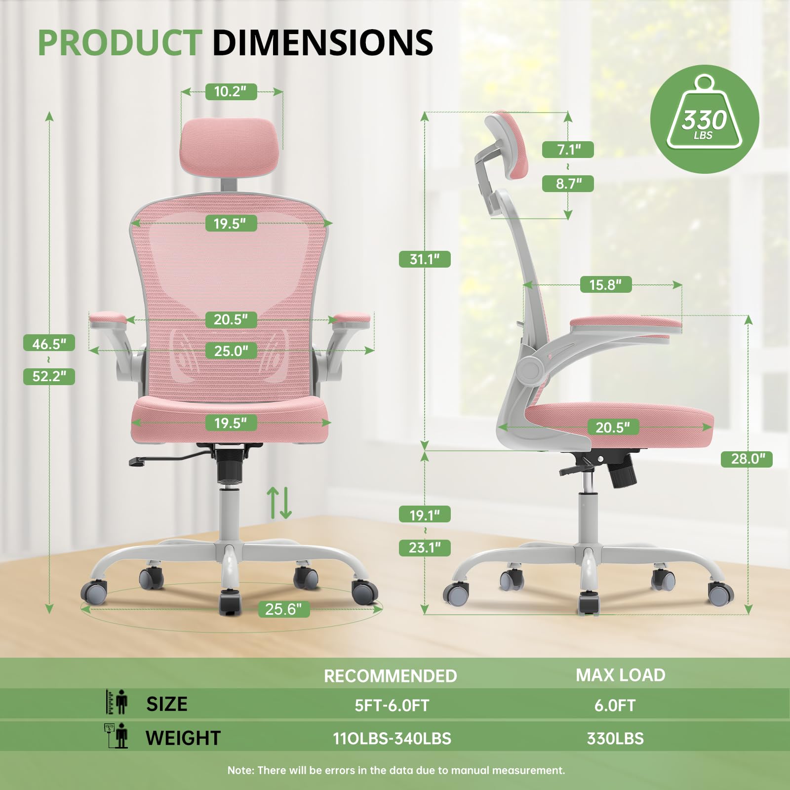 Office Chair Ergonomic Desk Chair, 330LBS Capacity, High Back Computer Design for Long Hours Comfort, Rolling Swivel Executive Task for Home Office with Flip-up Armrests, Grey Pink