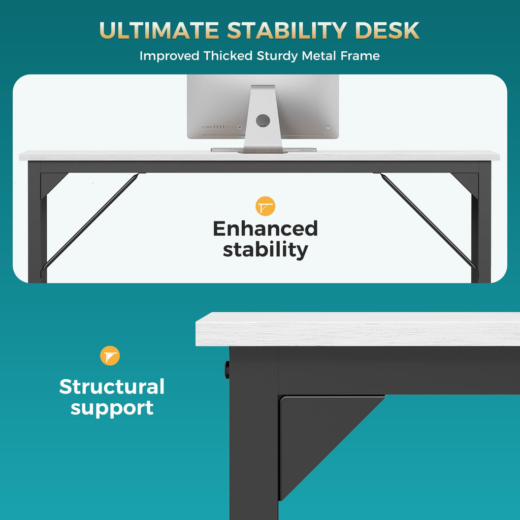 63 Inch Computer Desk for Home Office, Modern Study Work Table Simple Style for Bedroom, Large Writing Desks with Triangular Reinforcement, Wood White