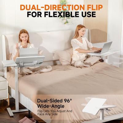 Tiltable Mobile Small Standing Desk, Pneumatic Adjustable Height Overbed Bedside Table with Wheels, Sit Stand Portable Rolling Laptop Desk Computer Workstations, White