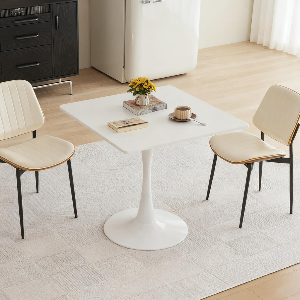 Square Dining Table, 31.5" Tulip Table with Thickened Tabletop & Metal Pedestal, Mid Century Modern Bistro Table for Kitchen, Small Places, Living Room, Cafe (White)