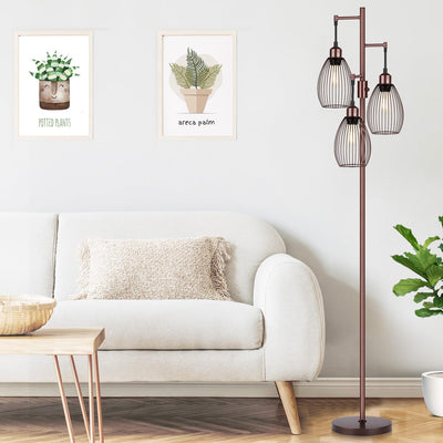 Dimmable Floor Lamp, 3 x 800LM LED Edison Bulbs Included, Farmhouse Industrial Floor Lamp Standing Lamp with Elegant Teardrop Cage Head Tall Lamp for Living Room Bedroom Office Dining Room - Brown