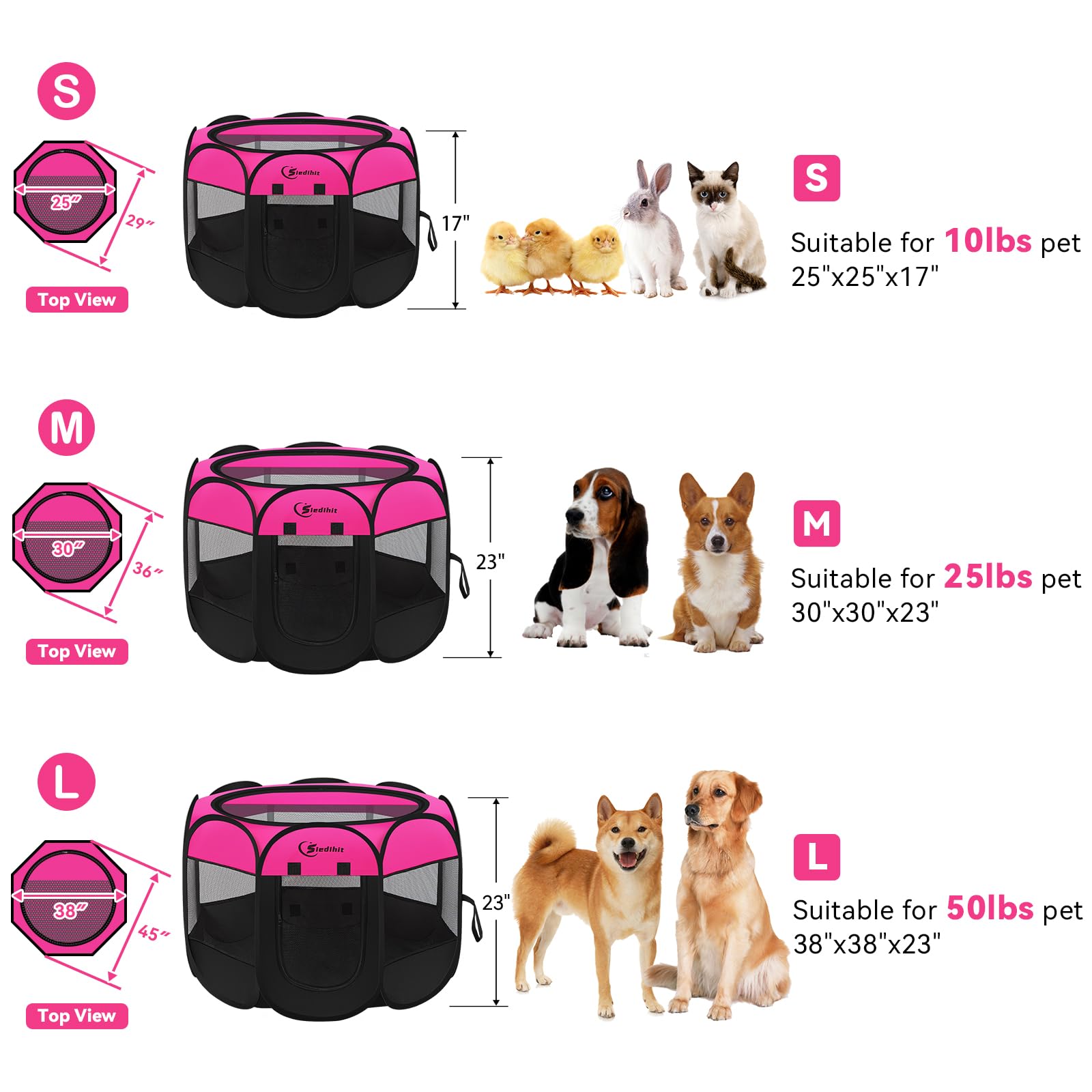 Dog Playpen, Medium Puppy Pet Playpen, Dog Crate Tent Cage Indoor/Outdoor, Portable Pop Up Dogs Kennel Playpen with Carrying Case for Dogs/Cats/Rabbits, Hot Pink