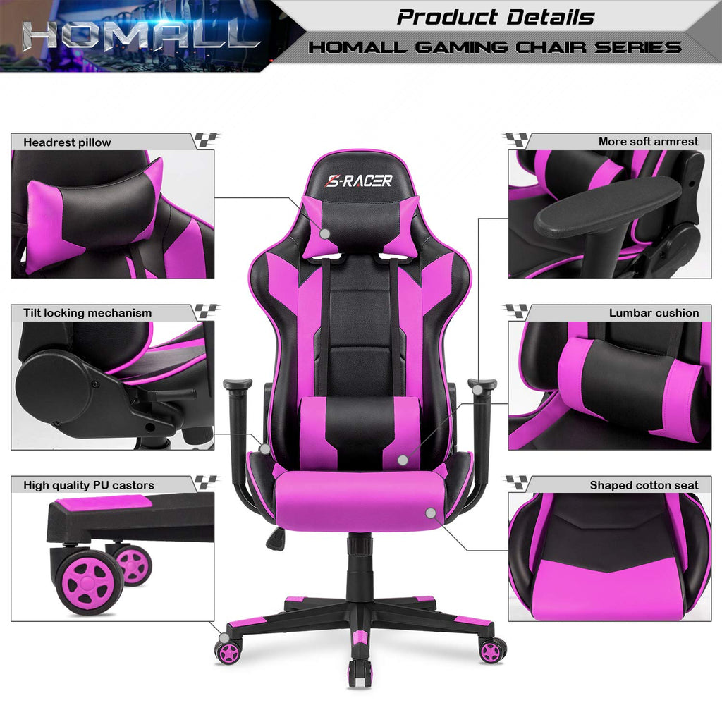 Gaming Chair, Office Chair High Back Computer Chair Leather Desk Chair Racing Executive Ergonomic Adjustable Swivel Task Chair with Headrest and Lumbar Support (Violet)
