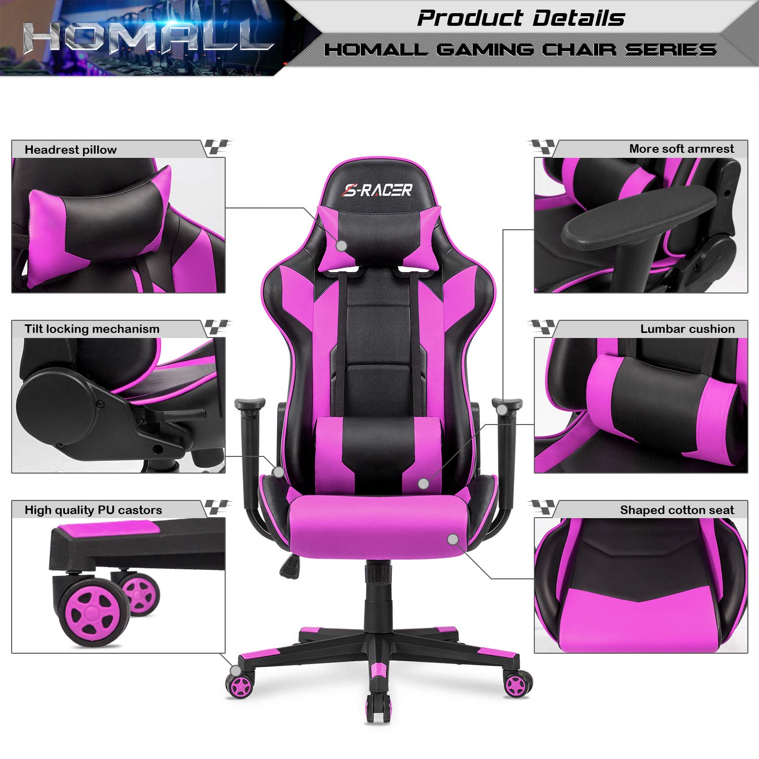 Gaming Chair, Office Chair High Back Computer Chair Leather Desk Chair Racing Executive Ergonomic Adjustable Swivel Task Chair with Headrest and Lumbar Support (Violet)