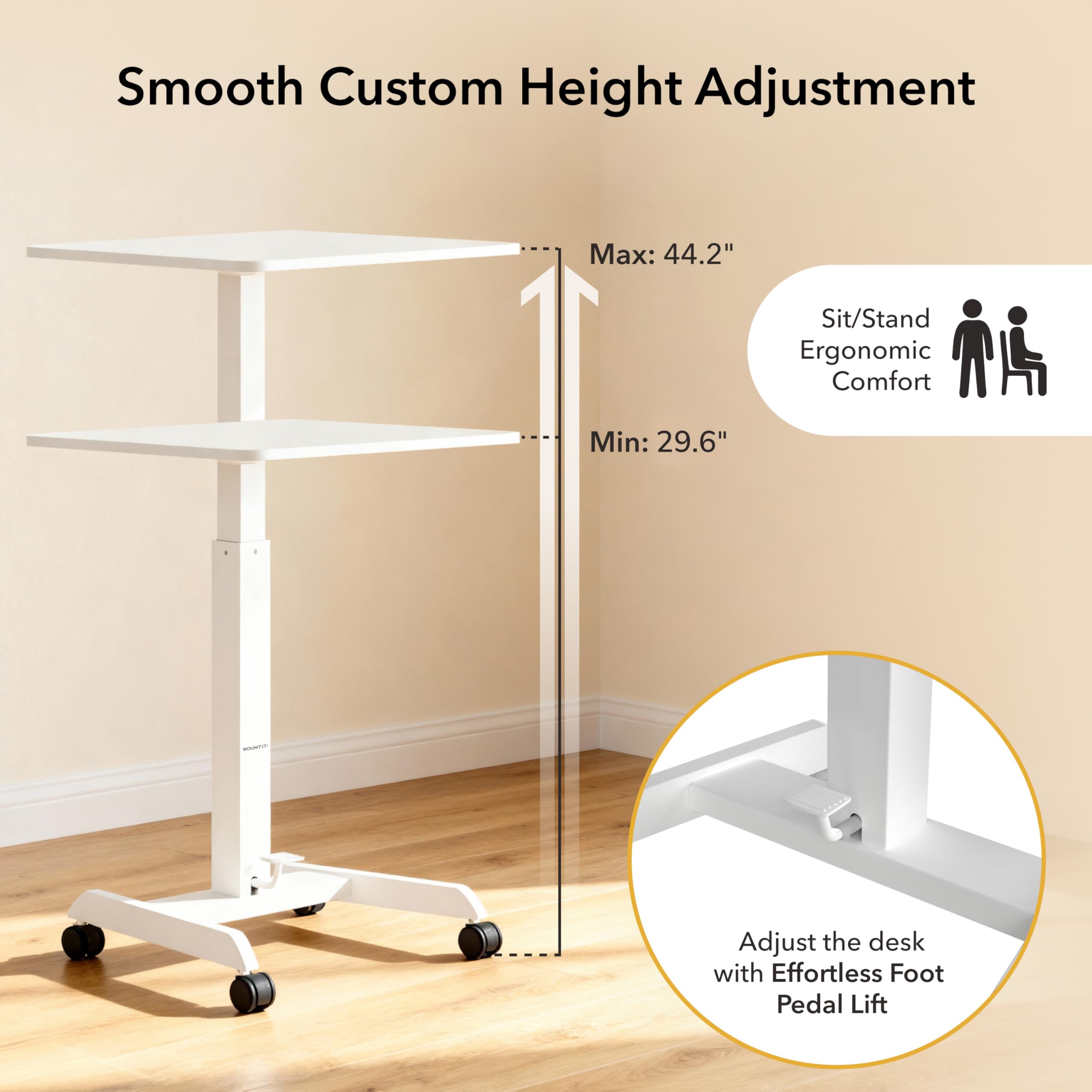 Adjustable Rolling Laptop Desk, Mobile Standing Desk with Wheels, Small Sit-Stand Computer Cart for Home, Office, or Classroom, 29.6–44.2
