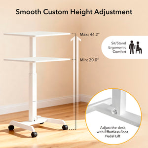 Adjustable Rolling Laptop Desk, Mobile Standing Desk with Wheels, Small Sit-Stand Computer Cart for Home, Office, or Classroom, 29.6–44.2