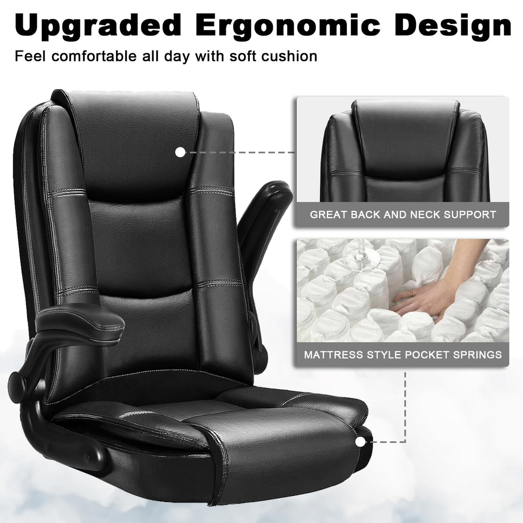 Leather Office Desk Chair,Ergonomic Office Chair with Lumbar Support,Computer Chair,Executive Leather Chair with Padded Flip-up Arm,Adjustable Armrests, Gray,275LBS