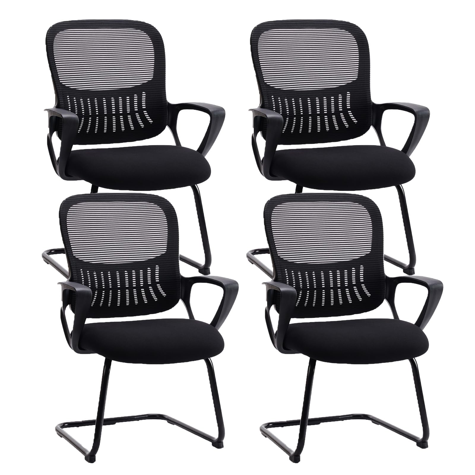 Reception Chair No Wheels, Stationary Non Rolling Mesh Mid Back Computer Guest Side with Lumbar Support for Waiting Area Reception Conference Room, Set of 4, Modern Black