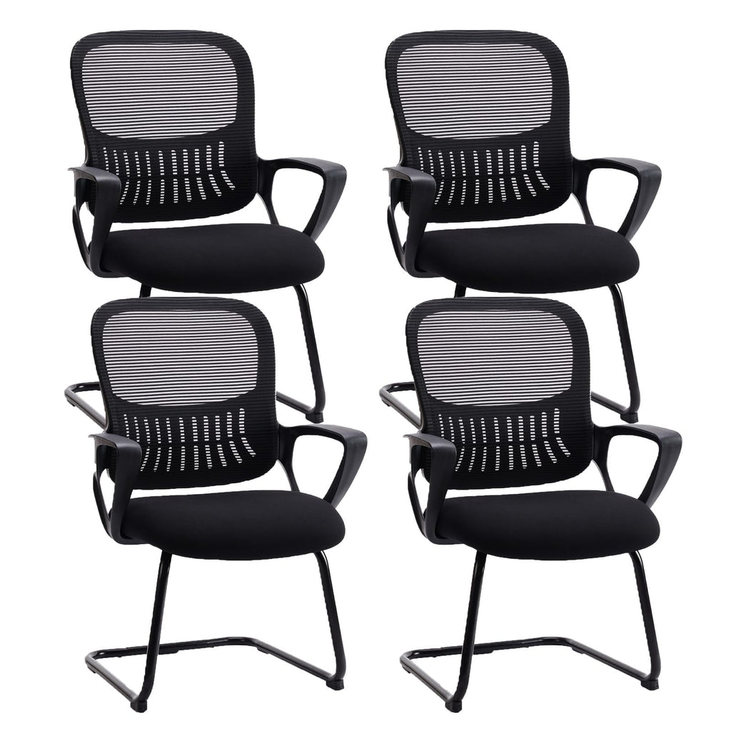 Reception Chair No Wheels, Stationary Non Rolling Mesh Mid Back Computer Guest Side with Lumbar Support for Waiting Area Reception Conference Room, Set of 4, Modern Black