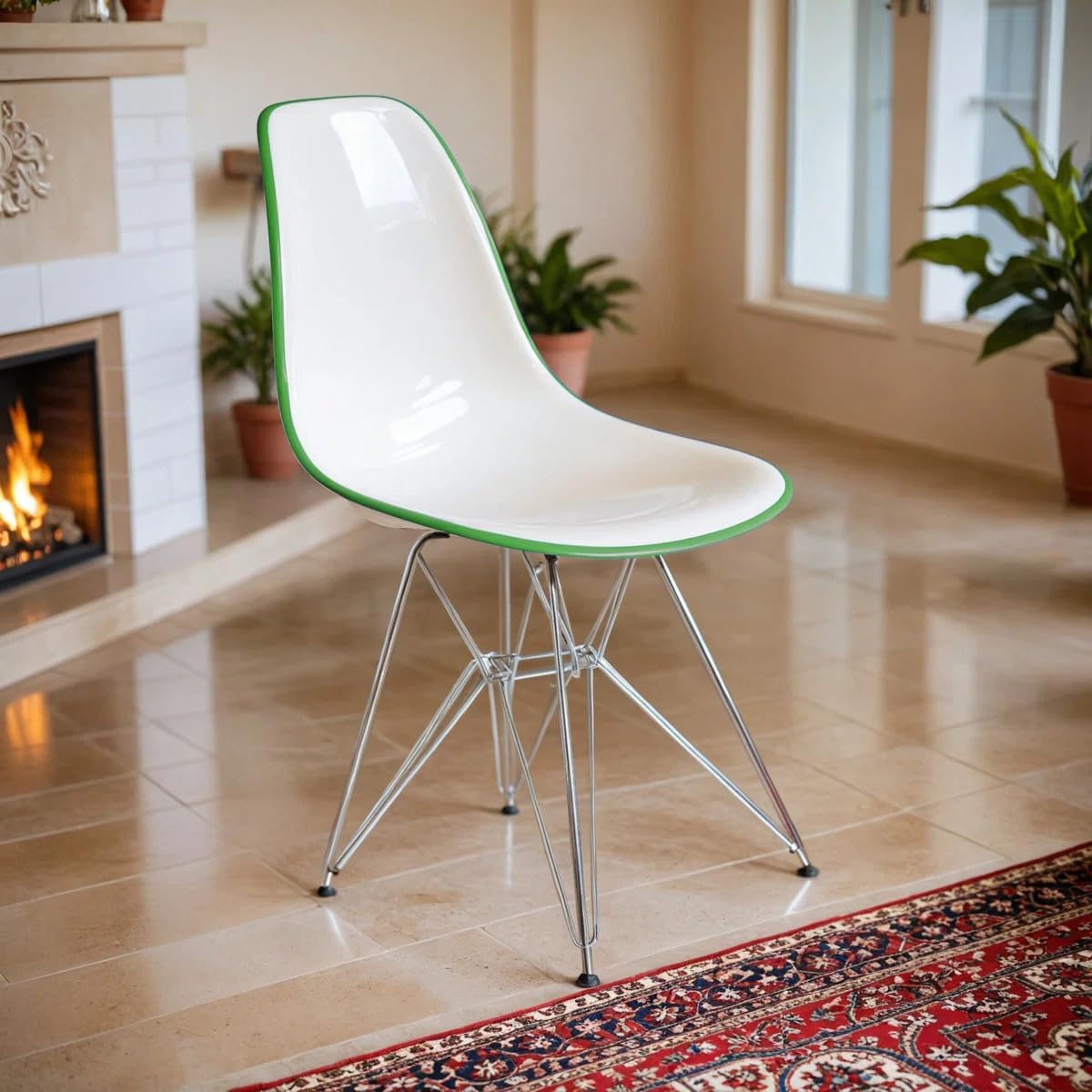 Dining, Modern Chrome Eiffel Base and Curved Back Design, Ergonomic and Lightweight Accent Side Chair for Mid-Century Home, Kitchen, and Café (White Green, Singles)