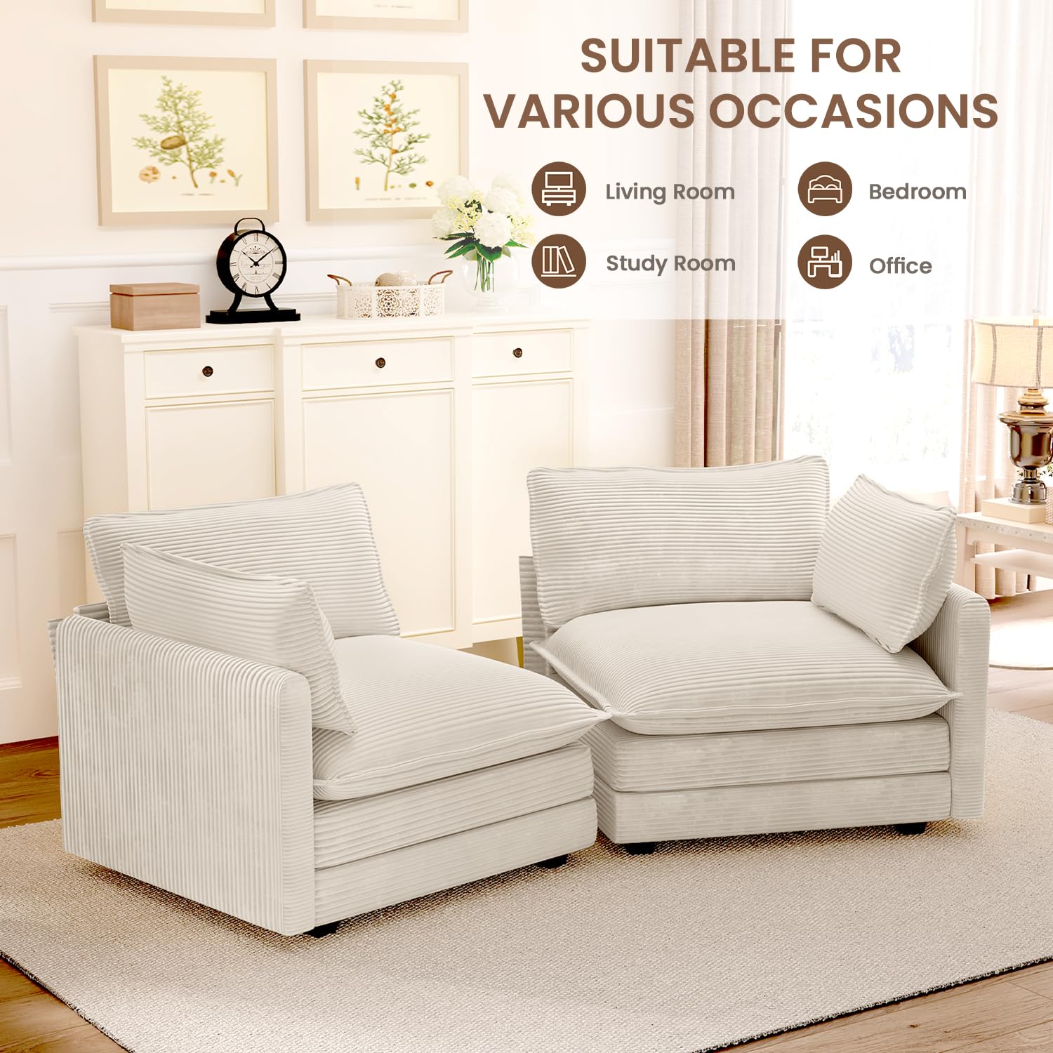 78'' Sectional 2 Seat Cloud Loveseat with 2 Throw Pillows, Modern Corduroy Love Seat, Cozy Sofa for Living Room, Office and Bedroom, Beige