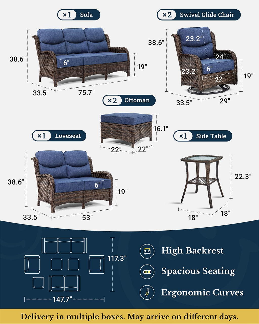 Luxury Patio Furniture Set with 6-inch Thick Cushion, Outdoor Couch, Loveseat and High Back Swivel Rocker Patio Chairs, 7PCS Wicker Conversation Set for Deck Yard and Poolside, Blue (V2)