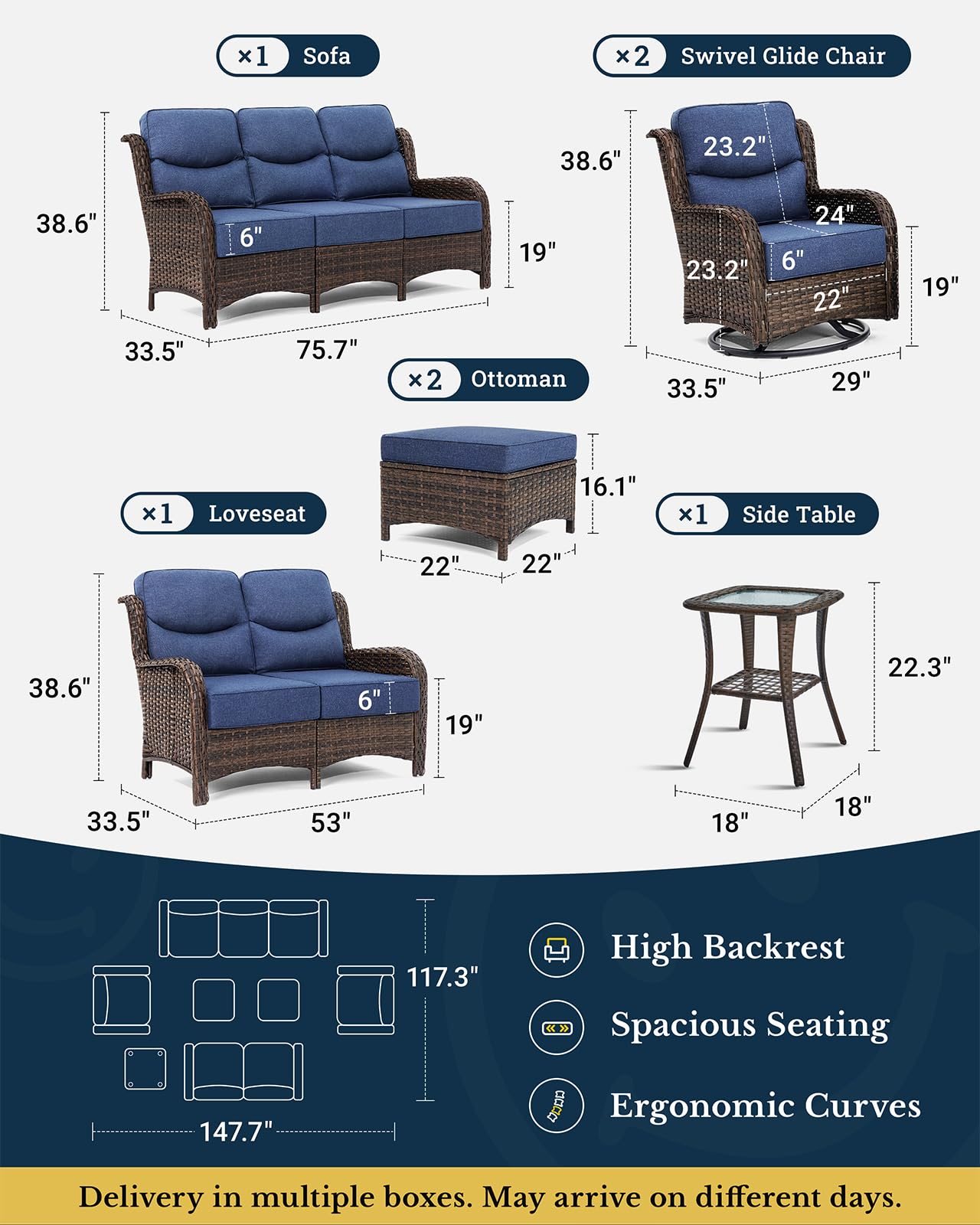 Luxury Patio Furniture Set with 6-inch Thick Cushion, Outdoor Couch, Loveseat and High Back Swivel Rocker Patio Chairs, 7PCS Wicker Conversation Set for Deck Yard and Poolside, Blue (V2)